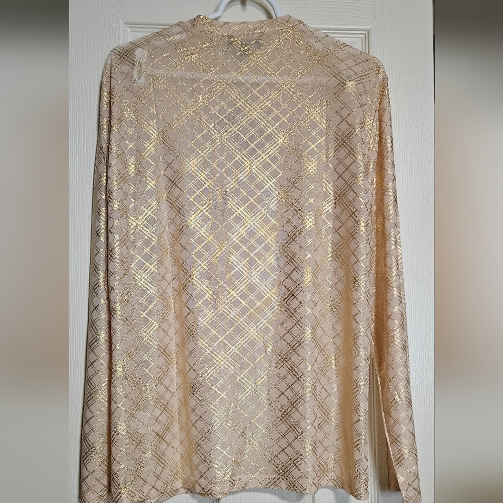 Sheer Cream Gold Plaid Women's LS Mesh Blouse 3XL